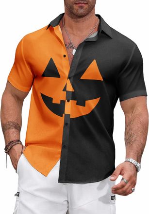 Generic Halloween Mens V-Neck Button Shirt -Pumpkin Autumn/Winter Casual Short Sleeved T-Shirt (UK, Alpha, XXL, Regular, Regular, 3)
