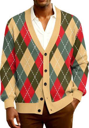 Generic Mens Knitted Cardigan Classic Plaid Cardigans V Neck Button Jumper Winter Warm Casual Long Sleeve Wool Blend Sweater