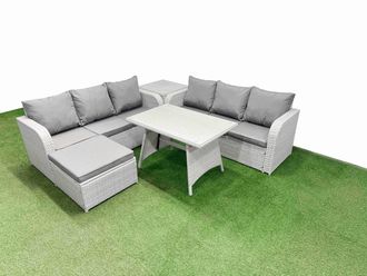 Fimous Rattan High Back Lounge Sofa Set with 3 Seater Sofa Side Table Stool in Light Grey