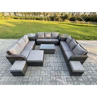 Fimous Fimous Rattan Lounge Sofa Set 12 Seater Outdoor Garden Furniture Set with Rectangular Coffee Table 3 Seater Sofa 2 Side Tables 3 Footstools Dark Grey