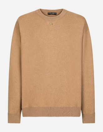 Dolce & Gabbana Cashmere Round-neck Sweater With Dg Logo - Man Sweaters And Cardigans Beige Xs