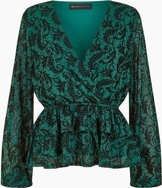 Mela Womens London City Velour Wrap Blouse - Green - Size: 10