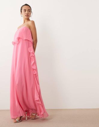 Vero Moda Vestito lungo a fascia in chiffon rosa acceso con volant sul bordo
