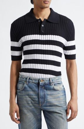 Balmain Mariner Cotton Blend Ribbed Polo Sweater in Eab Blk/White at Nordstrom, Size Xx-Large