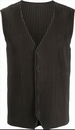 Homme Plissé Issey Miyake Textured Black Vest With Deep V-Neckline