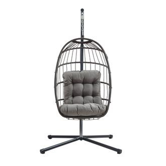 Jardi Silla Colgante Tipo Huevo Rat&aacute;n Negro Con Soporte + Coj&iacute;n Extra Grueso 15cm Silla Colgante Jard&iacute;n Terraza Balc&oacute;n Plegable Estructura De Acero Funda Im