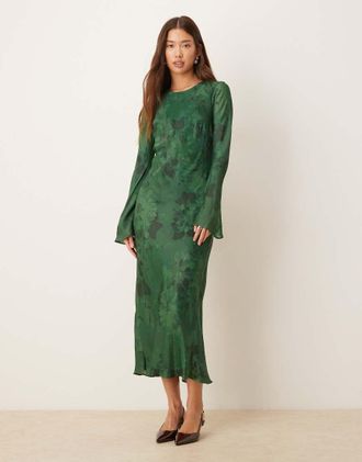 Nobody's Child Clarissa - Vestito midi verde scuro jacquard a fiori con maniche svasate
