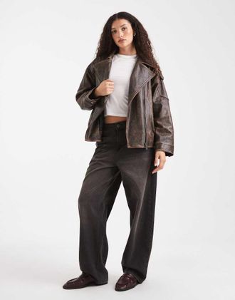 Asos Giacca biker oversize in pelle marrone slavato con fodera trapuntata