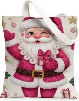 Generic Fanciful Santa Canvas Tote Bags, Festive Christmas Design Reusable Grocery Bags, Vintage Holiday Lightweight Washable Shoul, Peach, 13x15 Inch