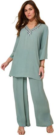Roaman's Hand Crinkled Embellished Tunic in Cool Sage Grecian Geo at Nordstrom, Size 12