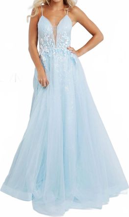 Jovani Plunging V-Neck Floral Appliqued Gown In Light Blue