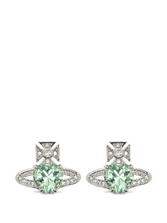 Vivienne Westwood Heart-Shaped Green Gemstone Stud Earrings with Silver-Tone Accents