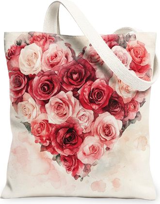 Generic Heart Rose Floral Canvas Tote Bags, Elegant Flower Design Reusable Grocery Bags, Spring Lightweight Washable Shoulder Strap Canvas for Travel Outdoor 