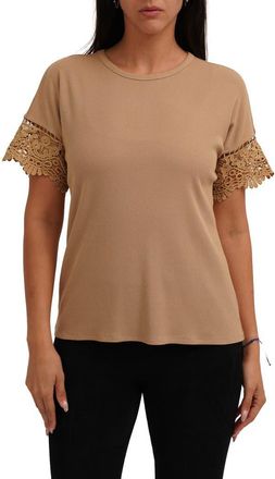 Cyrus Lace Trim Short Sleeve Ribbed Top in Warm Sand at Nordstrom Rack, Size X-Large