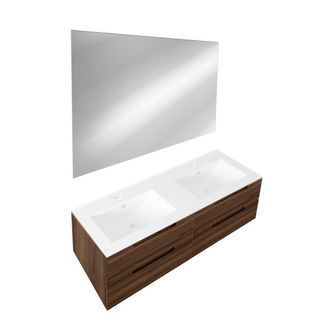 Saniclass Prime Balance Badkamermeubelset - 120x55x45cm - 2 rechthoekige keramische wasbakken wit - 2 kraangaten - 4 lades - rechthoekige spiegel - noten