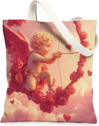 Generic Romantic Valentines Day Cupid Canvas Tote Bag for Shopping 13x15, Fun Aesthetic Rose Love Heart Reusable Grocery Print Pattern Bag for Women, Holiday 