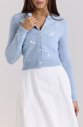House of CB Atheia Flower Embroidered Wool Blend Cardigan in Ancient Water Blue at Nordstrom, Size X-Small
