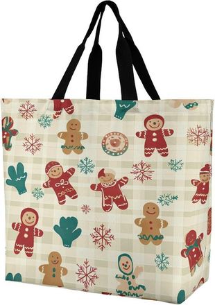 Generic Christmas Checkered Gingerbread Large Reusable Shopping Bag Lightweight Foldable Tote Bags Washable Shoulder Handbag