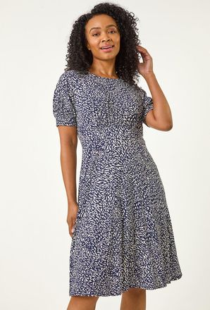 Roman Floral Print Shirred Stretch Dress