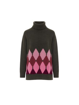 Ballantyne High Ribbed Neck Cashmere Sweater with Bold Argyle Pattern