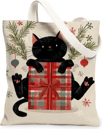 Generic Christmas Cat Canvas Tote Bags, Festive Feline Design Reusable Grocery Bags, Winter Cozy Rustic Lightweight Washable Should, Black, 13x15 Inch
