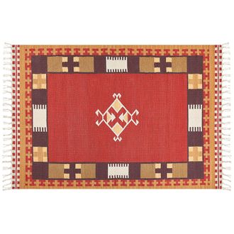 Beliani Alfombra Kilim De Algod&oacute;n Rojo Marr&oacute;n Beige 160 X 230 Cm A Mano Geom&eacute;trico Borlas Parakar