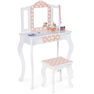 IDMarket Toeletta bianco e rosa con 3 specchios e sgabello ROZA