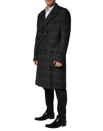 Dolce & Gabbana Mens Grey Double Breasted Plaid Wool Coat Jacket Nylon Acrylic Polyester Clothing