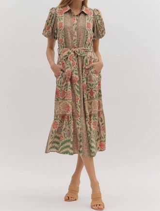 Entro Botanical Print Puff Sleeve Midi Dress In Natural Multi