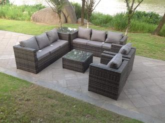 Fimous 8 Seater Grey Rattan Sofa Set Coffee Table Arm Chair Outdoor Garden Furniture in Dark Grey