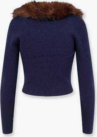 Self Portrait Womens Cardigan With Faux Fur Trim Blue Wool Sweater