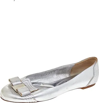 Ferragamo Silver Leather Vara Bow Ballet Flats