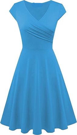 Generic VEMOW Women Dresses Solid Color V Neck Cap Sleeve T Shirt Dress High Waist Slim Fit Basic Casual Dress Womens Retro Plain Ruched Tee Dress Elastic Ple