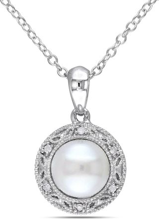 Mimi & Max White Cultured Freshwater Pearl Diamond Filigree Halo Necklace Sterling Silver