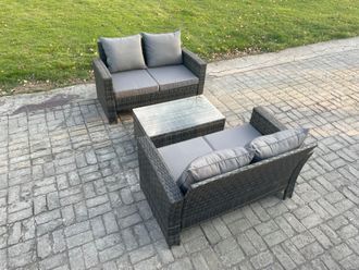 Fimous Wicker Rattan Garden Furniture Sofa Set with Rectangular Coffee Table Double Seat Sofa 4 Seater Outdoor Rattan Set in Dark Grey
