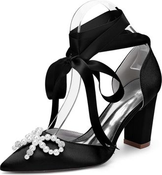 Generic Bridal Wedding Shoes Womens Chunky Heels Closed Toe Pointed Toe Heels with Bow and Crystal Pearl 8.5Cm,Black,10 UK