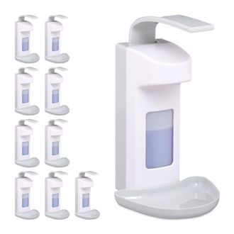Relaxdays 10 Dispensadores Para Desinfectante, Bandeja De Goteo, Dosificador Jab&oacute;n, Palanca Brazo, 500 Ml, Abs, Blanco