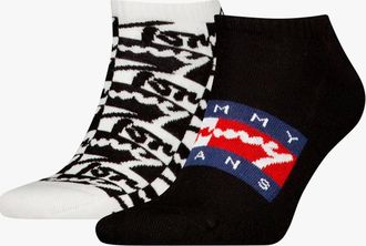 Tommy Hilfiger Mens Tommy Hilfiger 2 Pack Trainer Graffiti Mens Ankle Socks Black - Size: 9/9.5/11/10.5/10/11.5/12