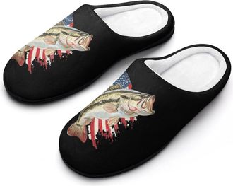 Generic Bass Fish U.S. Flag Funny Mens Cotton Slippers Soft Non-Slip Rubber Sole House Slipper Indoor Outdoor