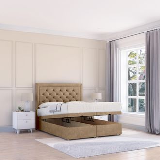 Sloomy Montana Naples Fabric Ottoman Bed End Opening With Sprung Memory Mattress & 26 Inch strut Headboard in Light Brown | Size: Single
