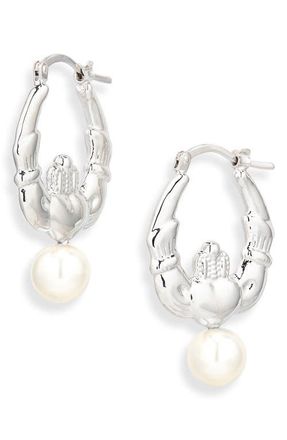 Simone Rocha Faux Pearl Claddagh Hoop Earrings in Rhodium/pearl at Nordstrom