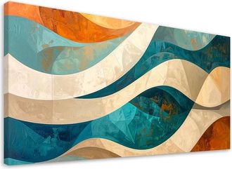 Feeby Cuadro En Lienzo, Abstracci&oacute;n L&iacute;neas Formas Beige Turquesa, 120x60