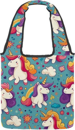 Generic Cute Colorful Unicorn Reversible Canvas Shoulder Tote - Double-Sided Print, 12oz Cotton, 27cm Drop, Fold-Flat Bag for Travel, Shopping, Street Outings