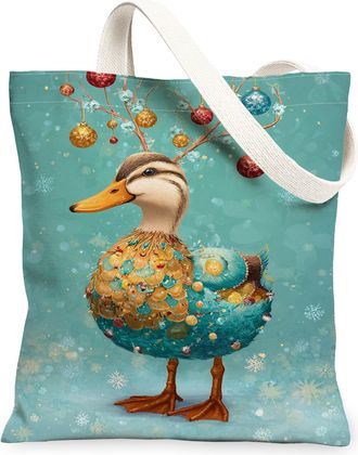 Generic Winter Duck Canvas Tote Bags, Festive Animal Pattern Reusable Grocery Bags, Lightweight Washable Shoulder Strap Canvas for Shopping Travel Beach 13x15