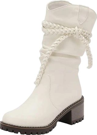 Generic Womens Pull On Mid Calf Boots Round Toe High Chunky Heel Slip On Design With A Decorative Butterfly-Knot