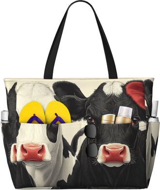Generic Cow Print Print Large Beach Bag Foldable Travel Shoulder Tote Bag With Pocket For Weekender Pool Vacation