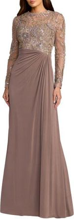 Mac Duggal Embroidered Long Sleeve Jersey Evening Gown in Golden Brown at Nordstrom, Size 16