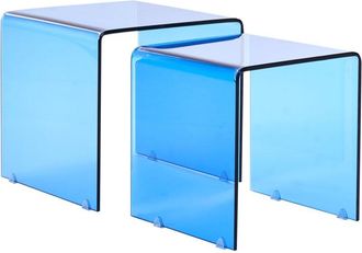 Beliani Nest of 2 Side Tables Blue Tempered Glass Rectangular Minimalist KENDALL