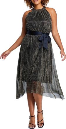 Estelle Gloria Metallic Pliss&eacute; Halter Midi Dress in Black/Gold at Nordstrom Rack, Size 2 X
