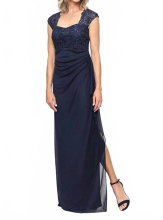 Alex Evenings Lace Bodice Cap Sleeve Gown In Navy